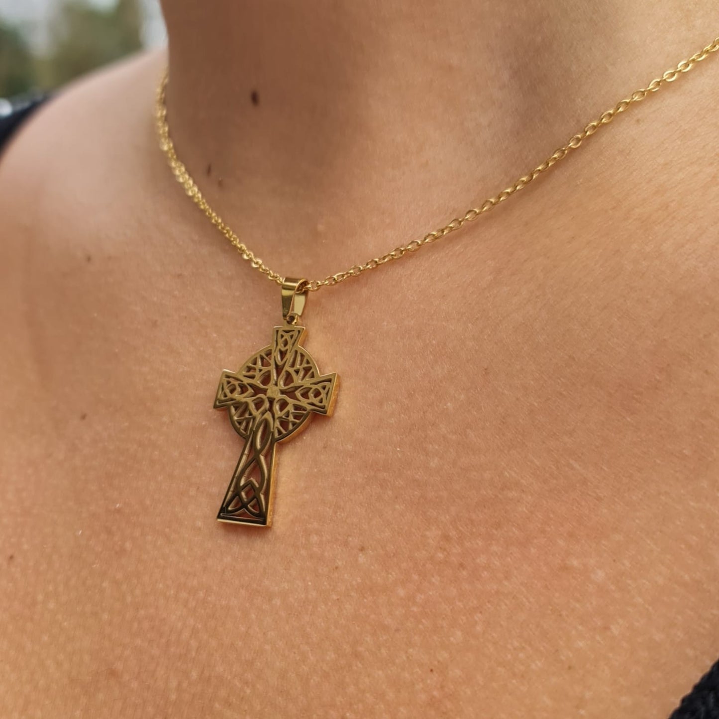Gold Celtic Cross Necklace on Model 2