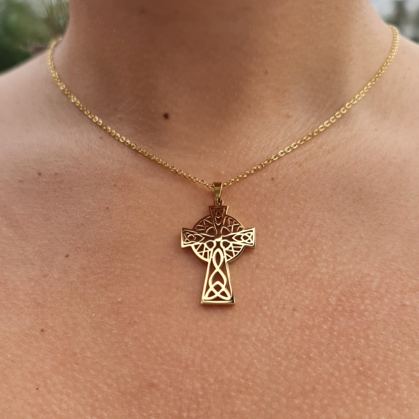 Gold Celtic Cross Necklace on Model