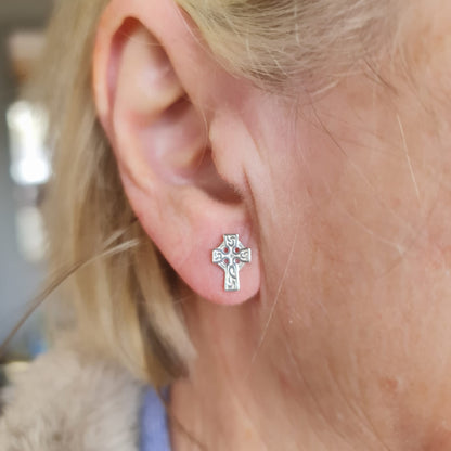 Lady Wearing Sterling Silver Celtic Cross Earrings